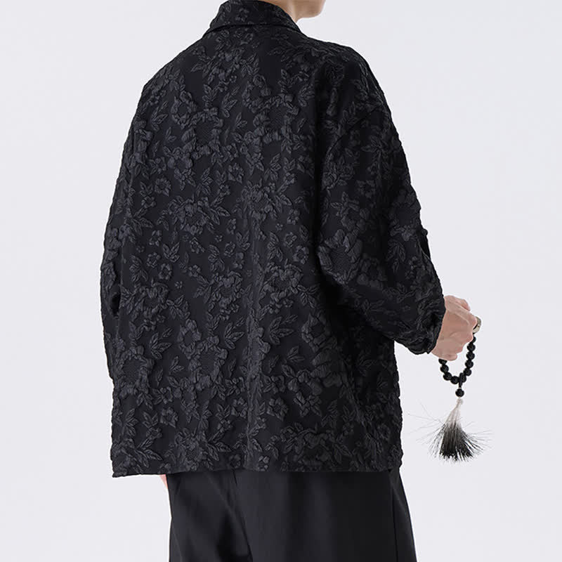 Buddha Stones Spring Fall Vintage Tang Style Frog Button Jacquard Floral Men's Long Sleeve Shirts With Patch Pocket - image 4