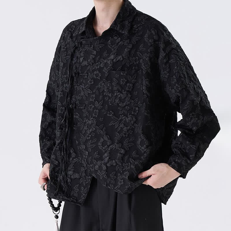 Buddha Stones Spring Fall Vintage Tang Style Frog Button Jacquard Floral Men's Long Sleeve Shirts With Patch Pocket - image 3