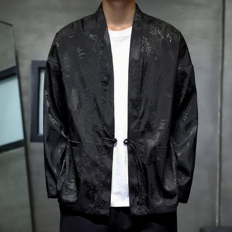 Buddha Stones Fall Tang Style Vintage Drawstring Dragon Jacquard Men's Kimono With Pocket - Black - US/UK/AU46, EU56 (5XL) - image 0