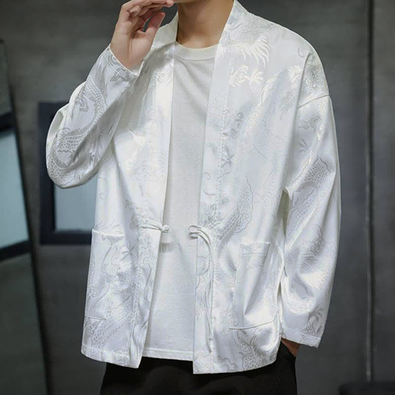 Buddha Stones Fall Tang Style Vintage Drawstring Dragon Jacquard Men's Kimono With Pocket - image 12