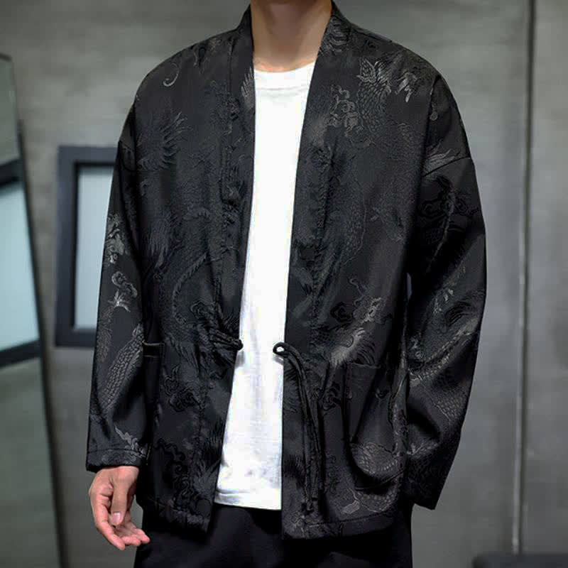 Buddha Stones Fall Tang Style Vintage Drawstring Dragon Jacquard Men's Kimono With Pocket - image 5