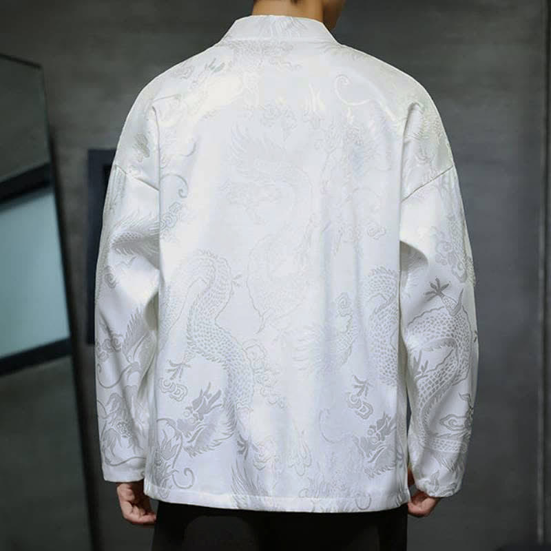 Buddha Stones Fall Tang Style Vintage Drawstring Dragon Jacquard Men's Kimono With Pocket - image 13