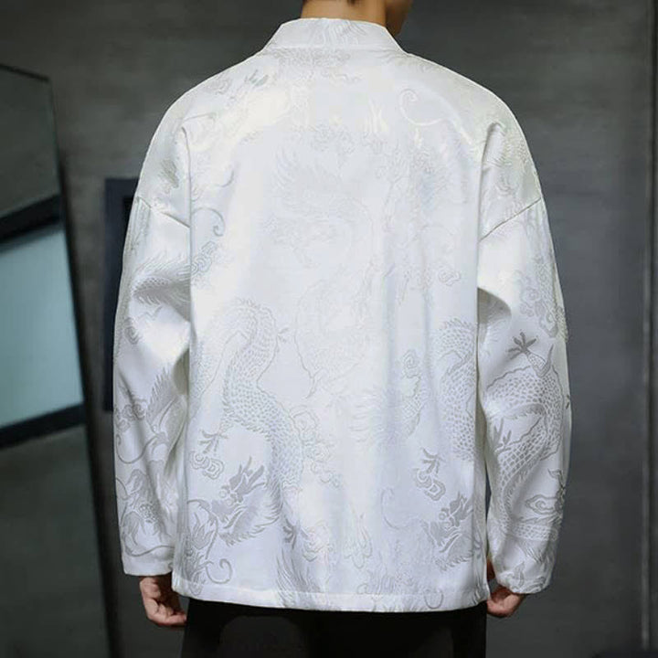 Buddha Stones Fall Tang Style Vintage Drawstring Dragon Jacquard Men's Kimono With Pocket - image 13