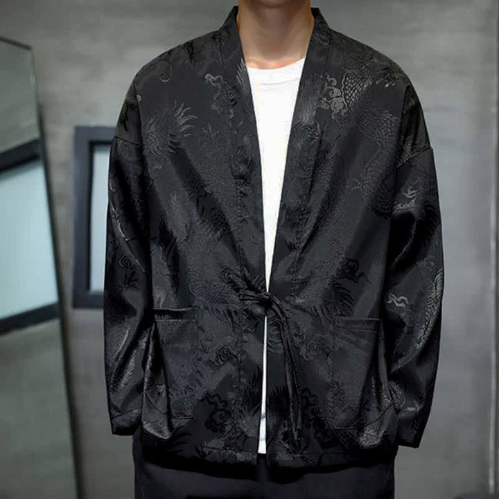 Buddha Stones Fall Tang Style Vintage Drawstring Dragon Jacquard Men's Kimono With Pocket - image 3