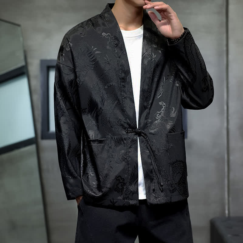 Buddha Stones Fall Tang Style Vintage Drawstring Dragon Jacquard Men's Kimono With Pocket - image 1