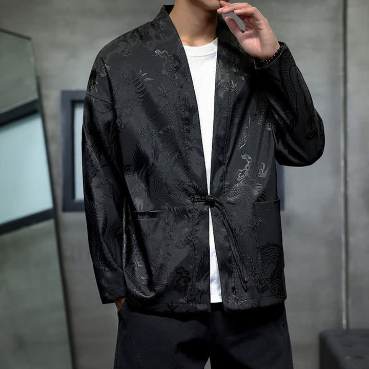 Buddha Stones Fall Tang Style Vintage Drawstring Dragon Jacquard Men's Kimono With Pocket - image 1