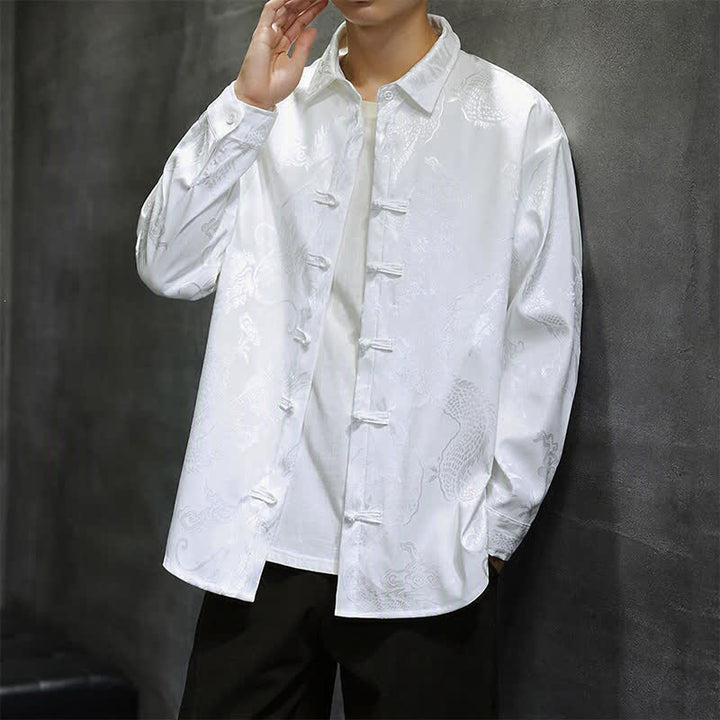 Buddha Stones Fall Tang Style Vintage Frog Button Dragon Jacquard Men's Long Sleeve Shirts - image 12