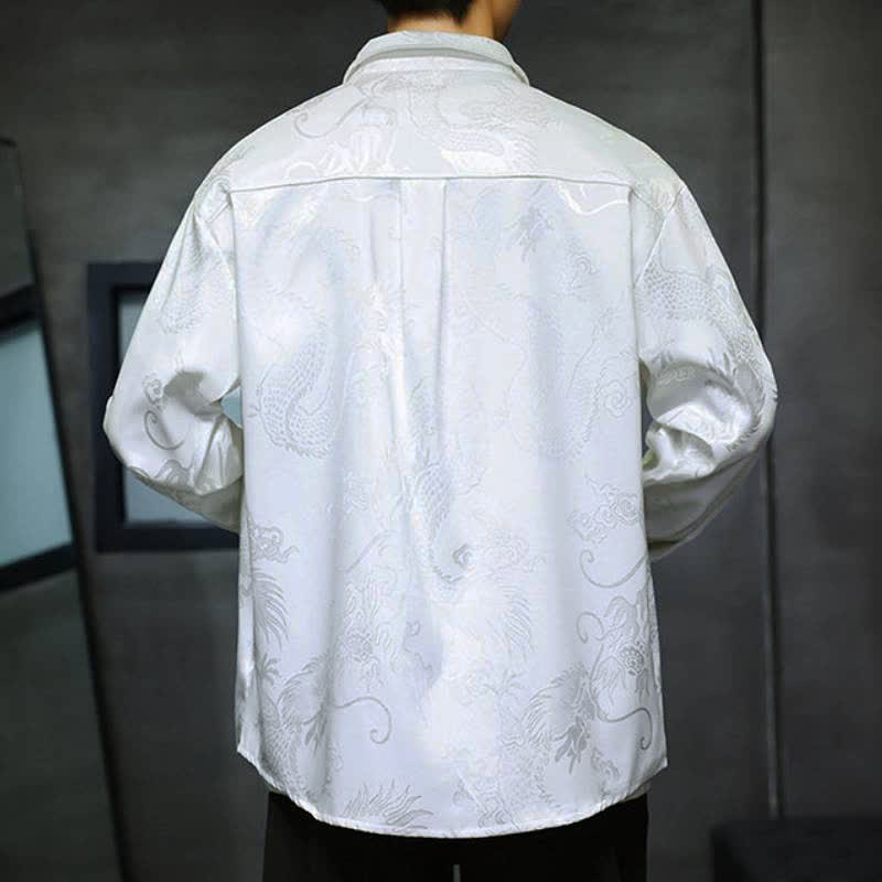 Buddha Stones Fall Tang Style Vintage Frog Button Dragon Jacquard Men's Long Sleeve Shirts - image 13
