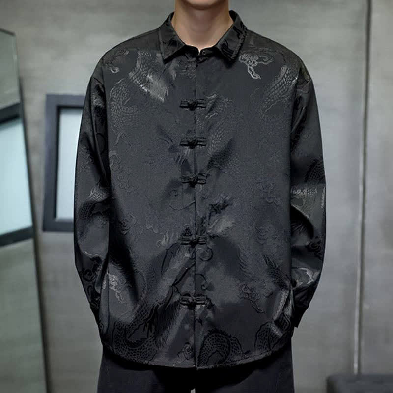Buddha Stones Fall Tang Style Vintage Frog Button Dragon Jacquard Men's Long Sleeve Shirts - image 3