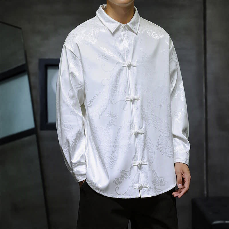 Buddha Stones Fall Tang Style Vintage Frog Button Dragon Jacquard Men's Long Sleeve Shirts - image 10