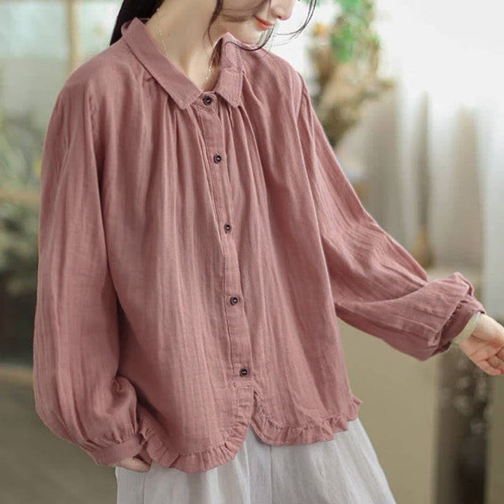 Buddha Stones Spring Fall Minimalist Simple Button-Up Solid Women's Long Sleeve Shirts - image 7