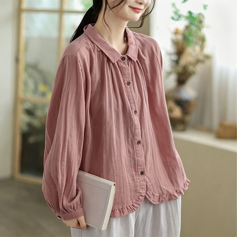 Buddha Stones Spring Fall Minimalist Simple Button-Up Solid Women's Long Sleeve Shirts - image 8