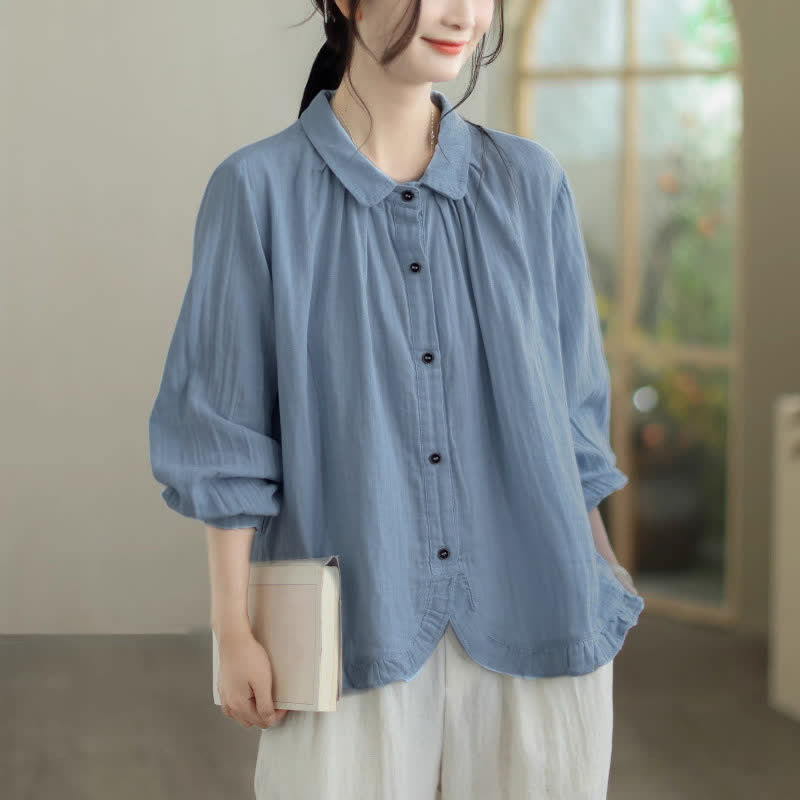 Buddha Stones Spring Fall Minimalist Simple Button-Up Solid Women's Long Sleeve Shirts - LightSteelBlue - US12, UK/AU16, EU44 (2XL) - image 0