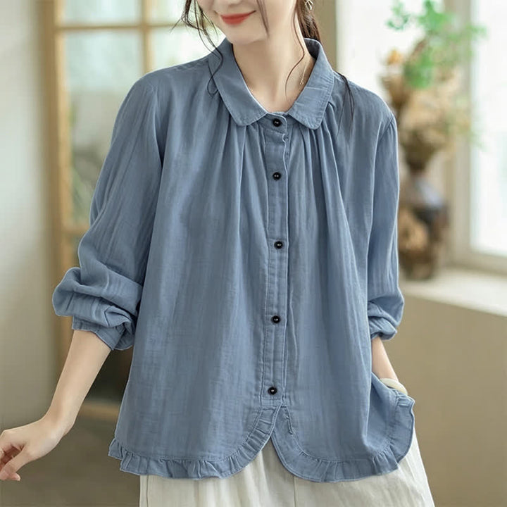 Buddha Stones Spring Fall Minimalist Simple Button-Up Solid Women's Long Sleeve Shirts - image 1
