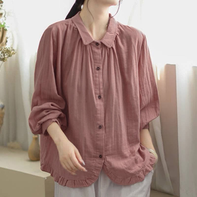Buddha Stones Spring Fall Minimalist Simple Button-Up Solid Women's Long Sleeve Shirts - image 6
