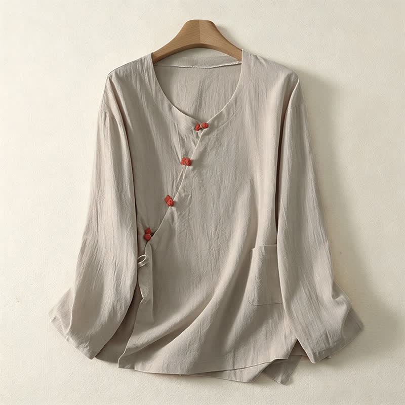 Buddha Stones Spring Fall Minimalist Tang Style Pankou Solid Women's Long Sleeve Shirts With Patch Pocket - Beige - US8-10, UK/AU12-14, EU40-42 (2XL) - image 4