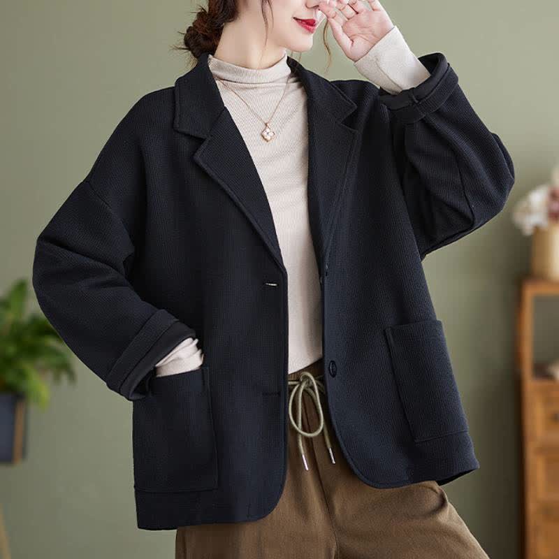 Buddha Stones Fall Vintage Simple Button-Up Solid Women's Jacket With Pockets - Black - US8-10, UK/AU12-14, EU40-42 (XL) - image 7