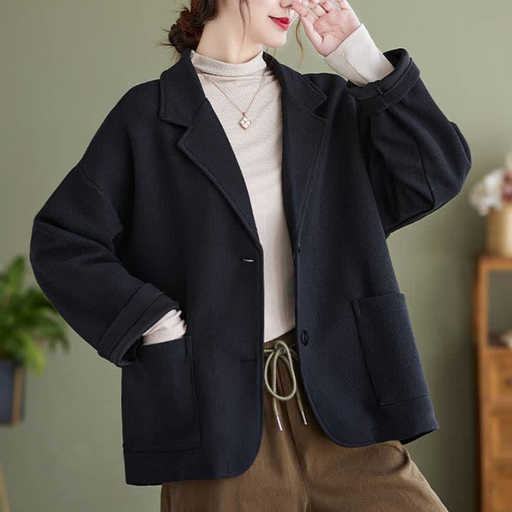 Buddha Stones Fall Vintage Simple Button-Up Solid Women's Jacket With Pockets - Black - US8-10, UK/AU12-14, EU40-42 (XL) - image 7