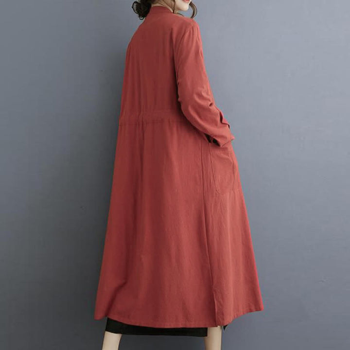 Buddha Stones Fall Casual Vintage Mandarin Collar Button-Up Solid Lace-up Women's Long Sleeve Dress With Pockets - image 12