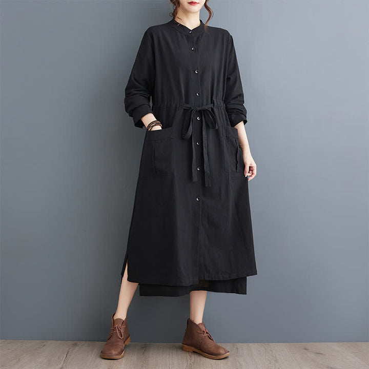 Buddha Stones Fall Casual Vintage Mandarin Collar Button-Up Solid Lace-up Women's Long Sleeve Dress With Pockets - image 6