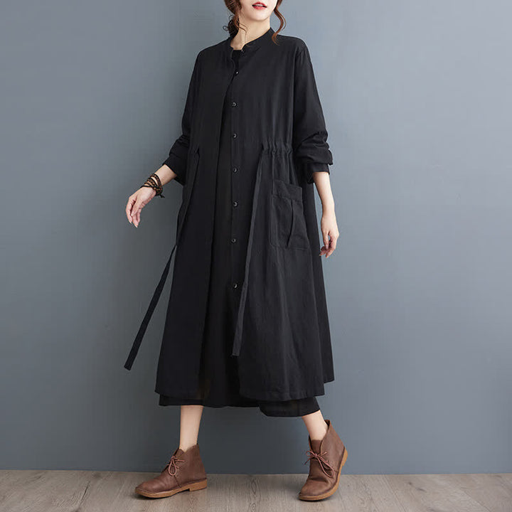 Buddha Stones Fall Casual Vintage Mandarin Collar Button-Up Solid Lace-up Women's Long Sleeve Dress With Pockets - image 7