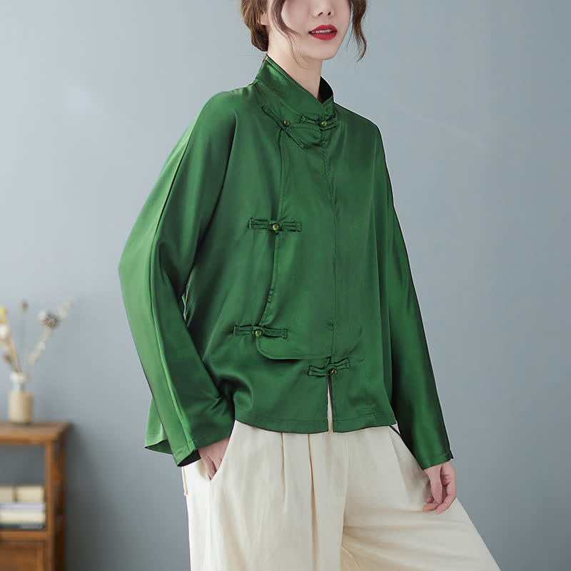 Buddha Stones Spring Elegant Tang Style Frog Button Solid Green Women's Long Sleeve Shirts - ForestGreen - US12, UK/AU16, EU44 (2XL) - image 0