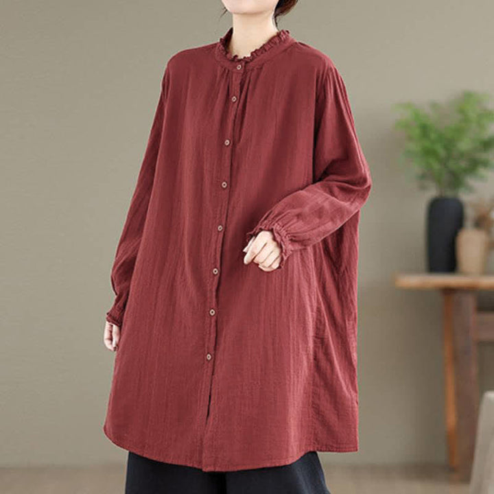 Buddha Stones Spring Fall Casual Vintage Button-Up Solid Tunic Women's Long Sleeve Shirts With Pocket - image 6