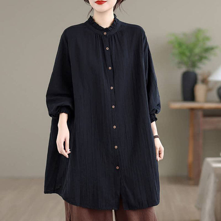 Buddha Stones Spring Fall Casual Vintage Button-Up Solid Tunic Women's Long Sleeve Shirts With Pocket - Black - US16, UK/AU20, EU48 (3XL) - image 12