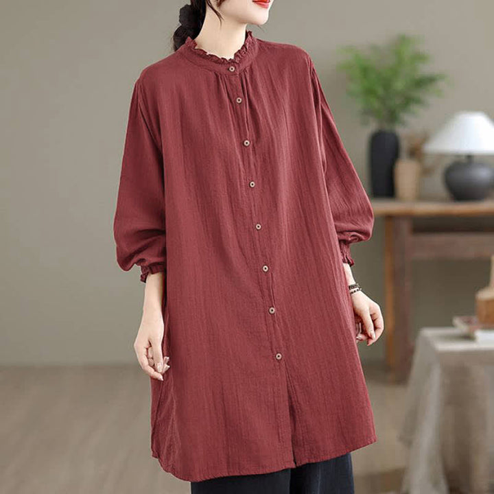 Buddha Stones Spring Fall Casual Vintage Button-Up Solid Tunic Women's Long Sleeve Shirts With Pocket - image 2