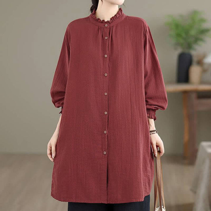Buddha Stones Spring Fall Casual Vintage Button-Up Solid Tunic Women's Long Sleeve Shirts With Pocket - FireBrick - US16, UK/AU20, EU48 (3XL) - image 0