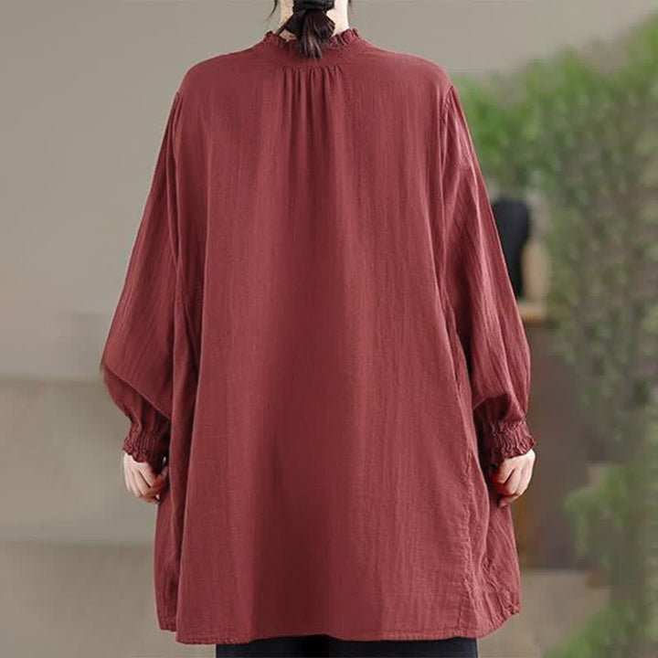 Buddha Stones Spring Fall Casual Vintage Button-Up Solid Tunic Women's Long Sleeve Shirts With Pocket - image 4