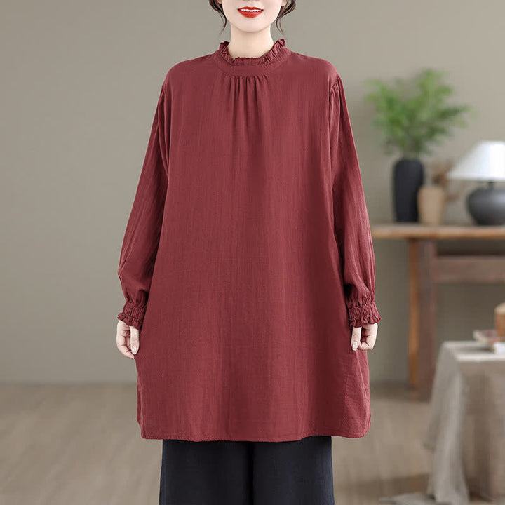 Buddha Stones Spring Fall Casual Vintage Button-Up Solid Tunic Women's Long Sleeve Shirts With Pocket - image 1