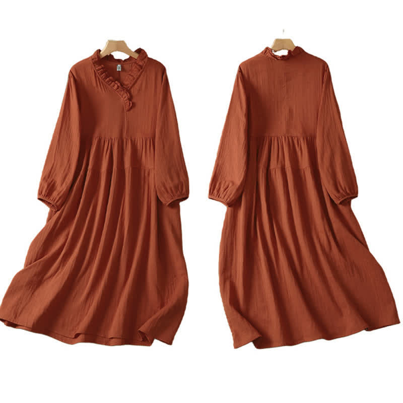 Buddha Stones Fall Vintage Boho Solid V-Neck Women's Long Sleeve Dress With Pocket - image 2
