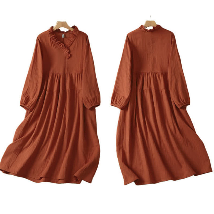 Buddha Stones Fall Vintage Boho Solid V-Neck Women's Long Sleeve Dress With Pocket - image 2