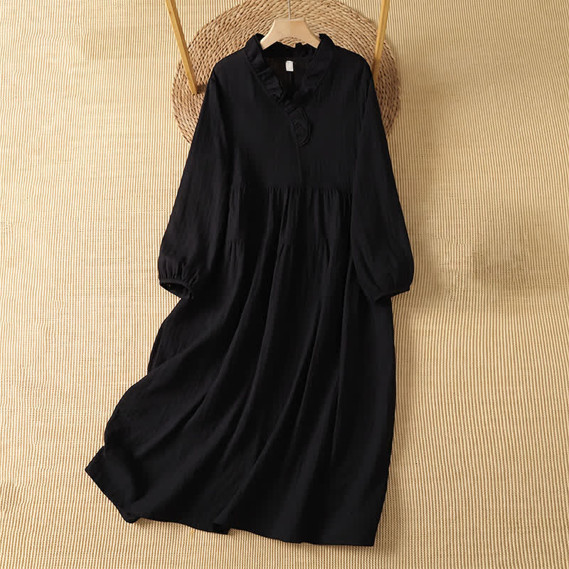 Buddha Stones Fall Vintage Boho Solid V-Neck Women's Long Sleeve Dress With Pocket - Black - US14, UK/AU18, EU46 (2XL) - image 11