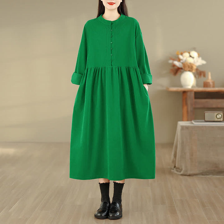 Buddha Stones Fall Casual Minimalist Button-Up Solid Crew Neck Women's Long Sleeve Dress With Pocket - image 7