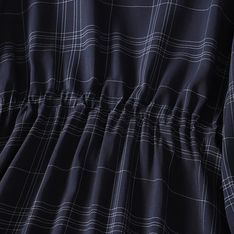 Buddha Stones Spring Fall Casual Vintage MidnightBlue Plaid Women's Long Sleeve Dress - image 5