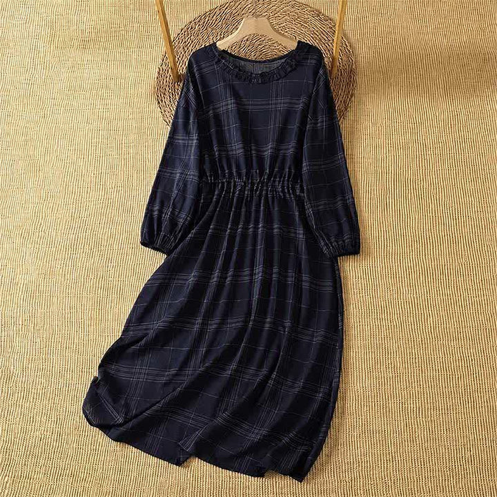 Buddha Stones Spring Fall Casual Vintage MidnightBlue Plaid Women's Long Sleeve Dress - MidnightBlue - US14, UK/AU18, EU46 (2XL) - image 0