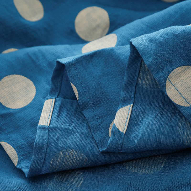 Buddha Stones Spring Casual Vintage Blue White Polka Dot Women's Long Sleeve Dress With Pockets - image 10