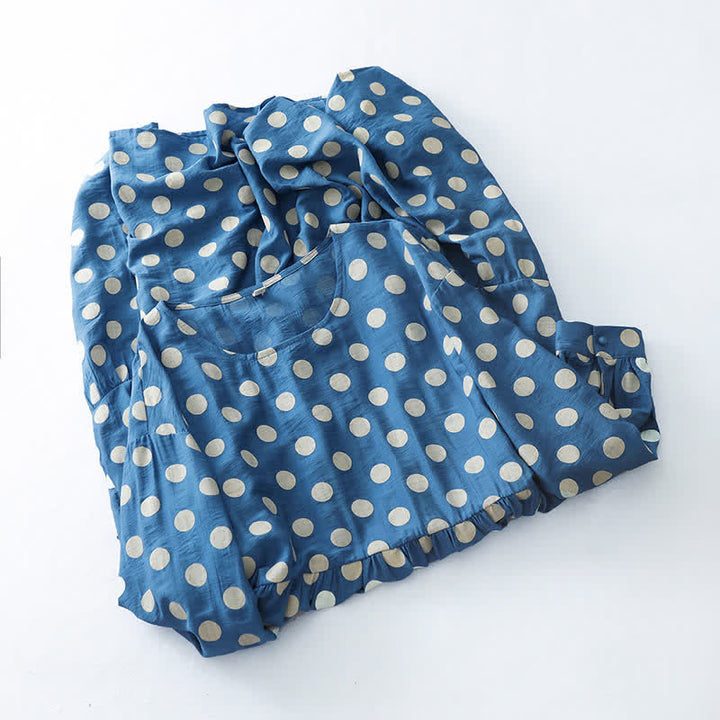 Buddha Stones Spring Casual Vintage Blue White Polka Dot Women's Long Sleeve Dress With Pockets - image 2