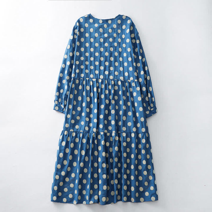 Buddha Stones Spring Casual Vintage Blue White Polka Dot Women's Long Sleeve Dress With Pockets - image 1