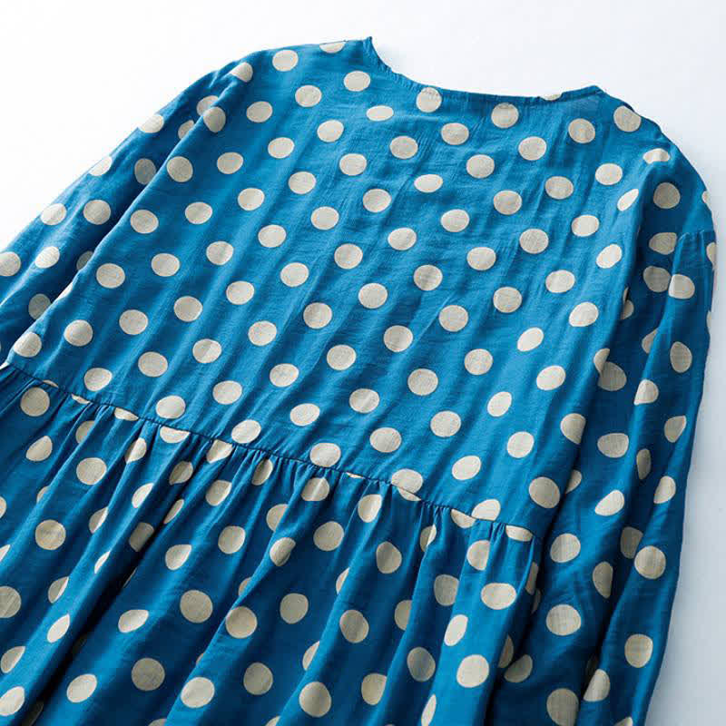 Buddha Stones Spring Casual Vintage Blue White Polka Dot Women's Long Sleeve Dress With Pockets - image 4
