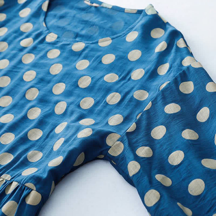 Buddha Stones Spring Casual Vintage Blue White Polka Dot Women's Long Sleeve Dress With Pockets - image 8