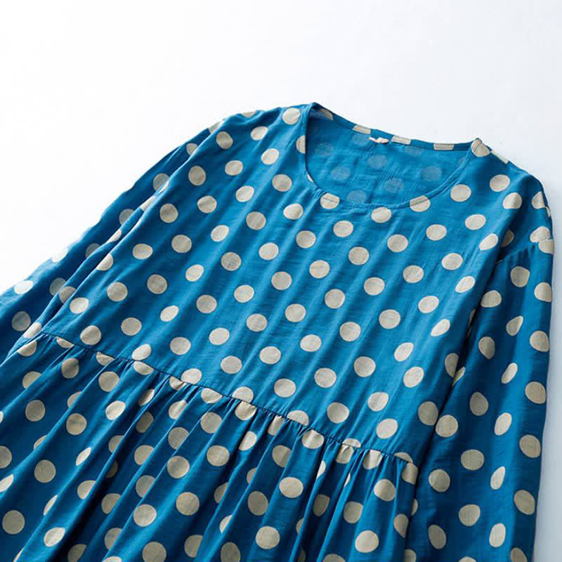 Buddha Stones Spring Casual Vintage Blue White Polka Dot Women's Long Sleeve Dress With Pockets - image 3