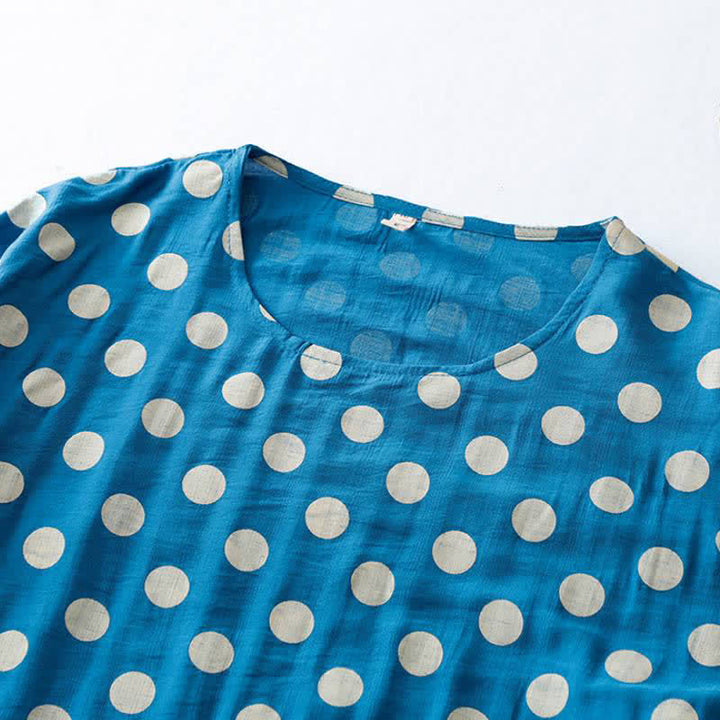 Buddha Stones Spring Casual Vintage Blue White Polka Dot Women's Long Sleeve Dress With Pockets - image 5