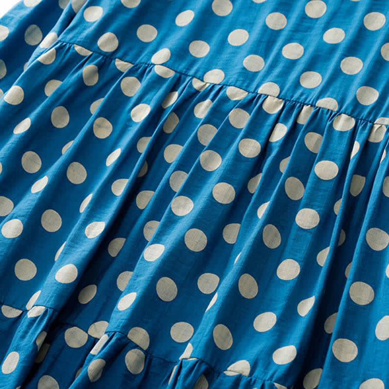 Buddha Stones Spring Casual Vintage Blue White Polka Dot Women's Long Sleeve Dress With Pockets - image 6