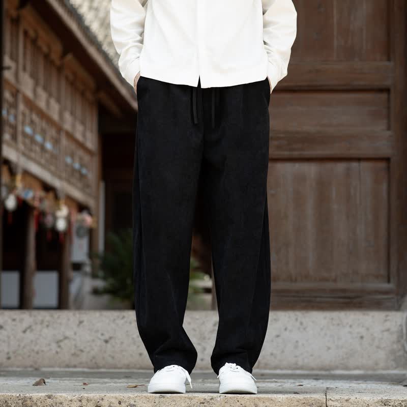 Buddha Stones Fall Winter Casual Minimalist Drawstring Solid Ankle Pants Corduroy Men's Tapered Pants With Pocket - Black - US/UK/AU48, EU58 (5XL) - image 8