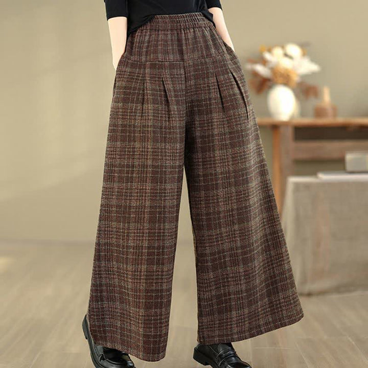 Buddha Stones Fall Winter Vintage Elastic Waist Plaid Cropped Pants Women's Straight Leg Pants With Pocket - image 2
