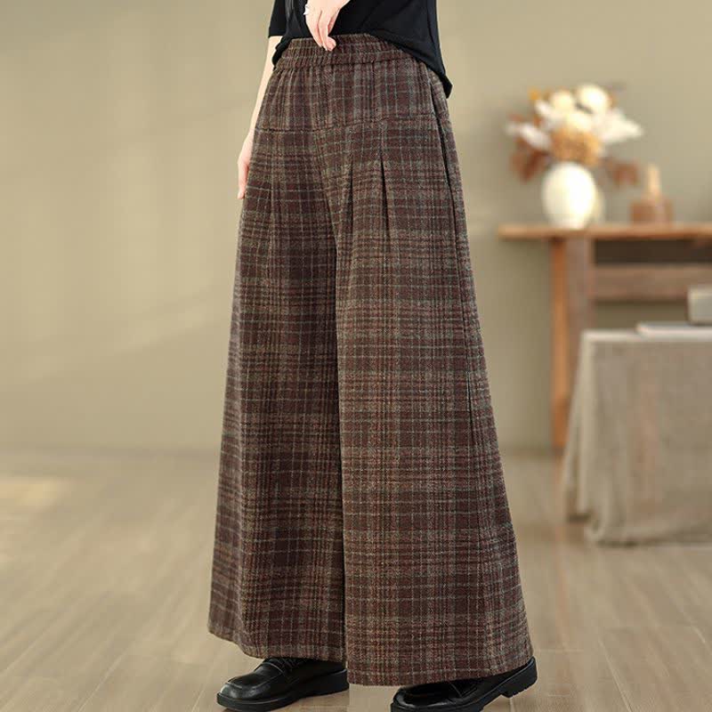 Buddha Stones Fall Winter Vintage Elastic Waist Plaid Cropped Pants Women's Straight Leg Pants With Pocket - image 5