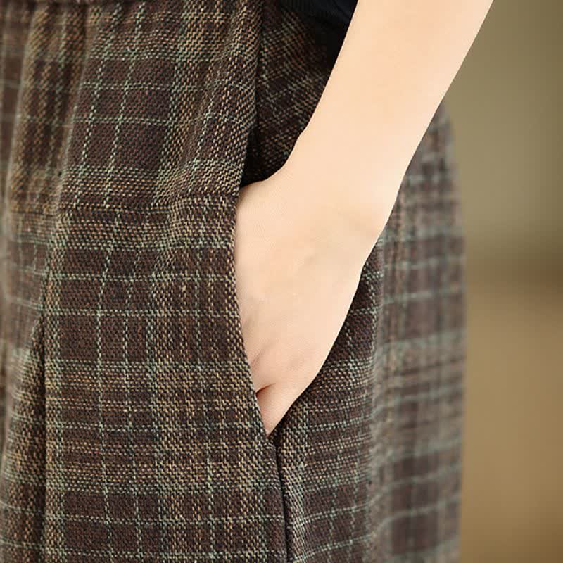 Buddha Stones Fall Winter Vintage Elastic Waist Plaid Cropped Pants Women's Straight Leg Pants With Pocket - image 6